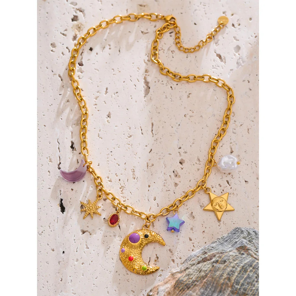 Sylvia Gold Star Moon Pendant Drop Necklace