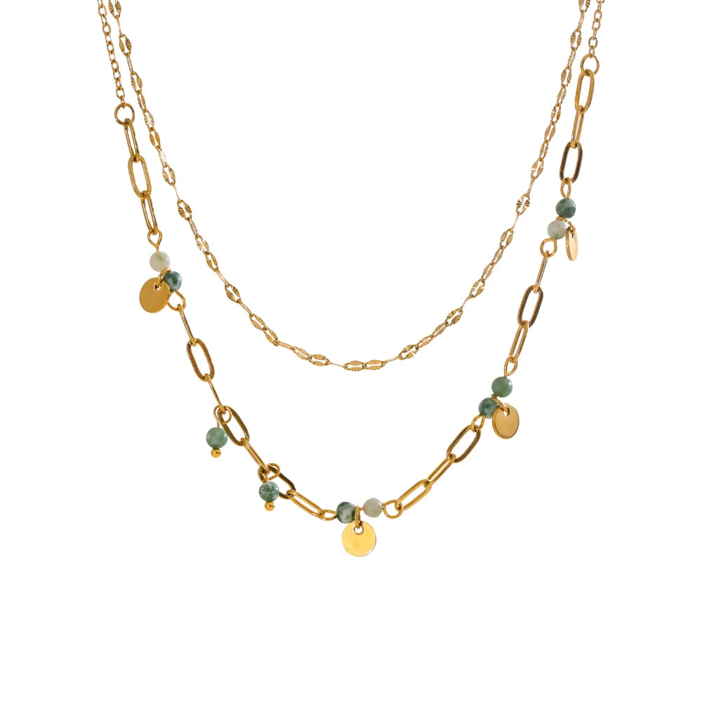 Daniella Gold Double-Layer Green Stone Necklace