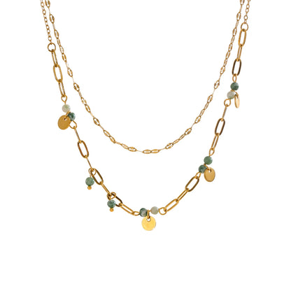 Daniella Gold Double-Layer Green Stone Necklace