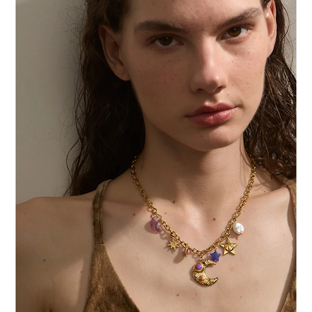 Sylvia Gold Star Moon Pendant Drop Necklace