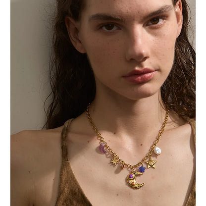 Sylvia Gold Star Moon Pendant Drop Necklace