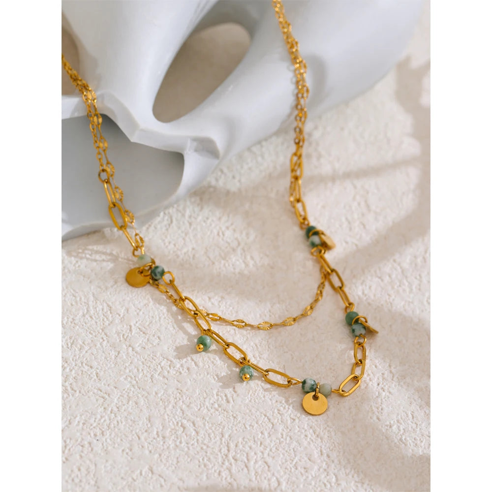 Daniella Gold Double-Layer Green Stone Necklace