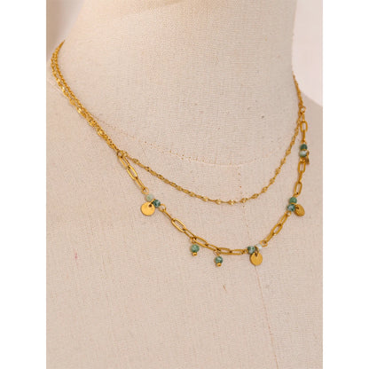 Daniella Gold Double-Layer Green Stone Necklace