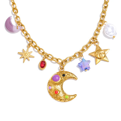 Sylvia Gold Star Moon Pendant Drop Necklace